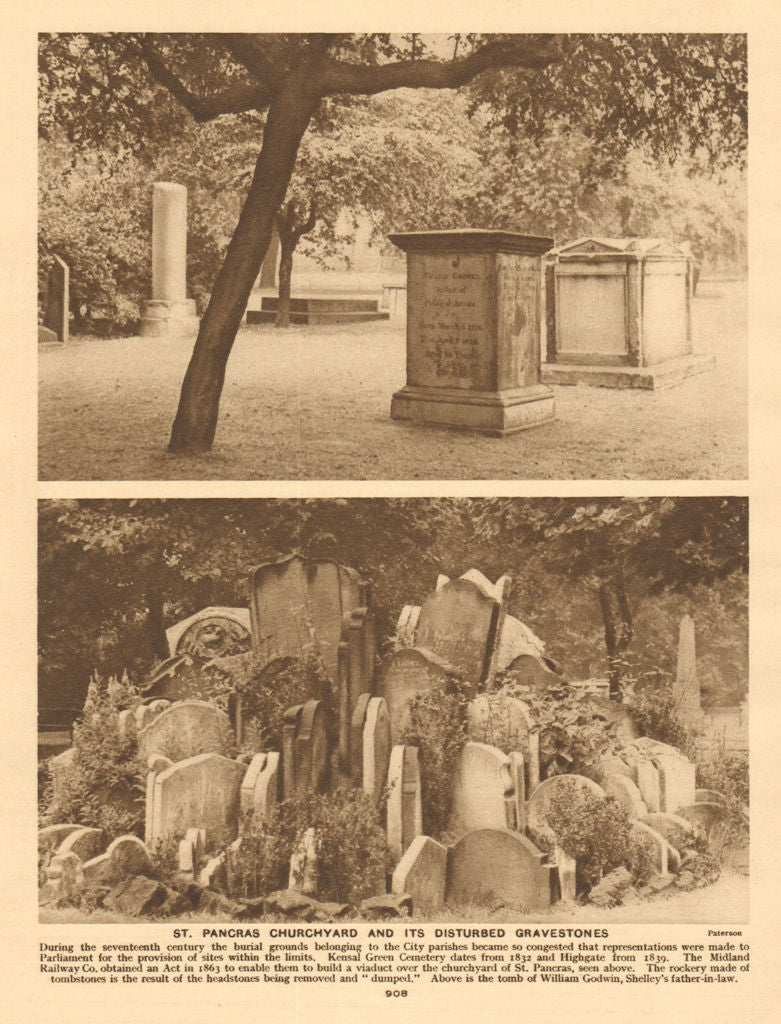 St. Pancras churchyard & its disturbed gravestones. The Hardy Tree 1926 print